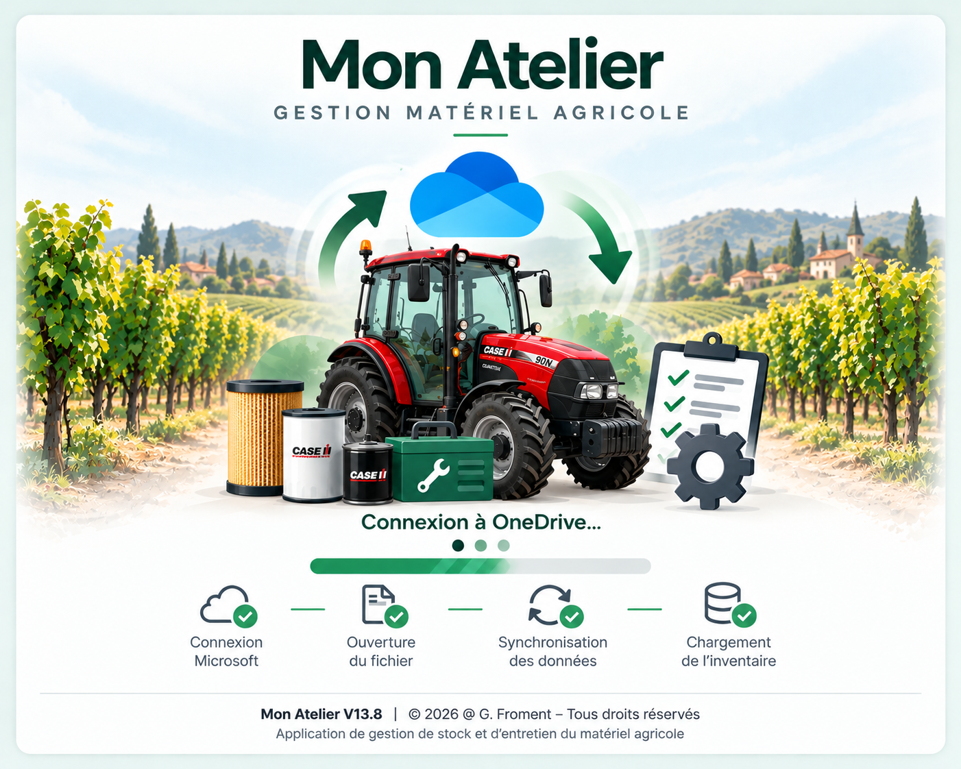 Mon Atelier : tracteur Case IH Quantum 90N dans les vignes, synchronisation OneDrive
